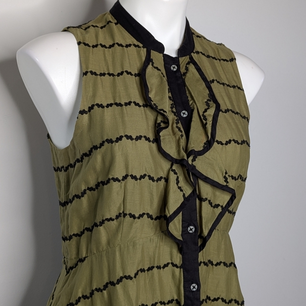 Anthro Postmark Green Black Sleeveless Cotton Ruffle Midi Dress 6 - Picture 3 of 11